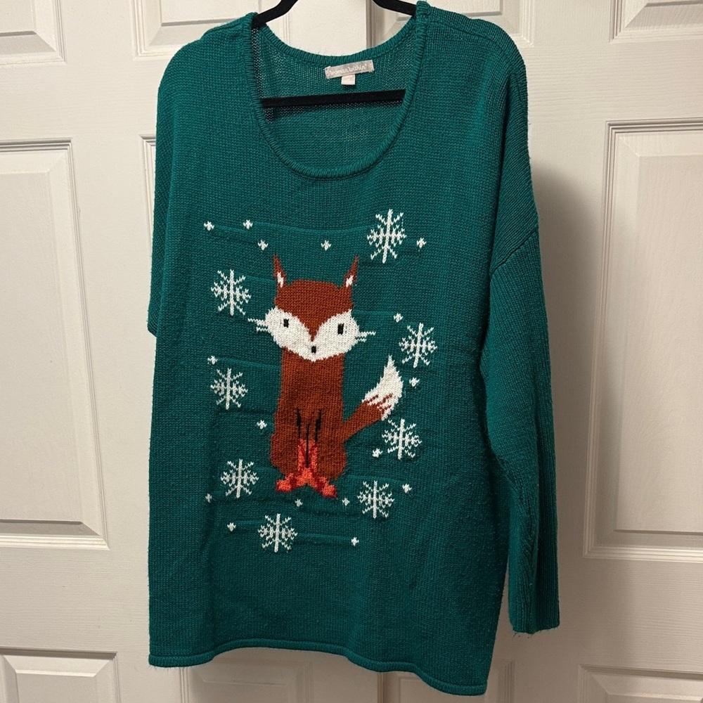 Oversized Woman Within  3X 30/32 Teal Fox Winter Scoopneck Sweater